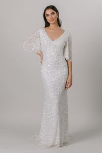 2021 Sparkle Pailletten Meerjungfrau bescheidene Brautkleider mit flatternden Ärmeln V-Ausschnitt einfache Glitzer-Brautkleider LDS-Brautkleid nach Maß