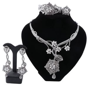 Dubai Fashion Jewelry Sets Necklace Bracelet Flower Shape Pendant Earrings Ring Crystal Jewellry Dubai Bridal Wedding