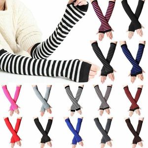 New Unisex Long Fingerless Gloves Arm Striped Cotton Wrist Sleeves Warmer Sleeve Knitted Gloves Womens Fingerles