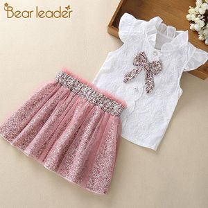 Bear líder meninas vestuário conjuntos novo verão sem mangas t-shirt + impressão laço saia 2 pcs para crianças conjuntos de roupas de bebê roupas lj200916