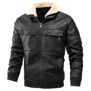 2020 New Winter Leather Jacket Men Fur Collar Motorcycle Leather Jacket Multi-pocket Thick Fleece Men PU Jackets Coats