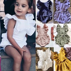 Solidne dziecięce pajaciki 6 Kolory Wzburzyć Koronki Romper Niemowlę Bez Rękawów Solid Solid Solid Button Baby Onesies Vêtements Bébé 6-24m