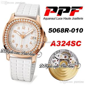 PPF 5068R-010 A324SC Alta Joalheria Feminina Relógio Feminino Ouro Rosa Diamante Bisel Textura Branca Mostrador Borracha Melhor Edição PTPP Puretime F6