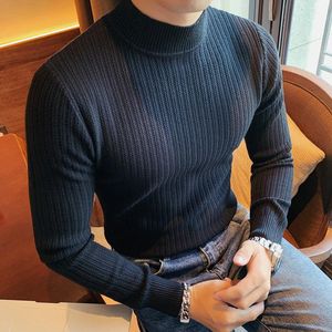 Высокое качество 6 сплошной цвет свитер для мужчин тонкий водолазка с длинным рукавом тянуть Homme вязаный коричневый