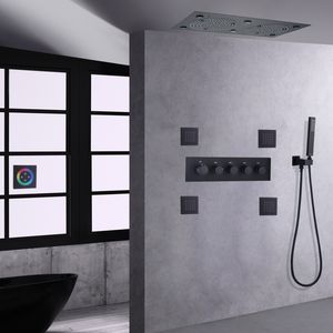 Matte Black LED Shower Systems Thermostatic Mist Rainfall Shower Faucet High Flow Massage Head