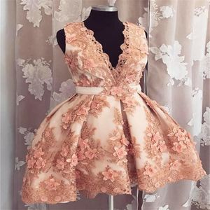 Pink A Line Evening Dresses V Neck Hand Made Flower Lace Beads Short Prom Gowns Lovely Custom Made Pageant Party Dress Hot Sale