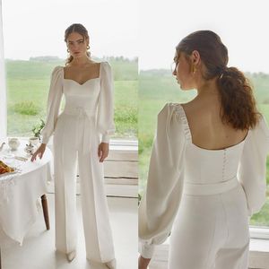 Squre Neck Hochzeit Overall mit Langarm Modest Strand Bohemian Outdoor Brautkleid Hosenanzug vestidos para boda de dia