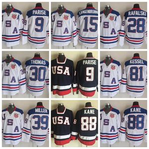 2010 Team USA Hockey Jersey Retror Blue 9 Zach Parise 88 Patrick Kane 81 Phil Kessel 28 Brian Rafalski 39 Miller 15 Langenbrunner