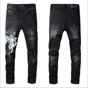 Calça Jeans Skinny Azul Rasgada Masculina Estilista de Moda Distressed Slim Fit Motociclista Buraco Mendigo Hip Hop Calça Jeans # 035 Melhor qualidade