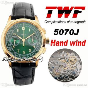 TWF Platinum Compliactions Chronograph 5070J Handlindning Automatisk Mens Klocka 18K Gul Guld Grön Ring Svart Läder PTPP Puretime P5C3