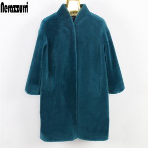 nerazzurri Real Fur Coat Medifal Medium Plus Size Shearling Sheep Fur Jacket 5xl 6xl 7xlドロップショルダーウォームラムウールナチュラルファー201103
