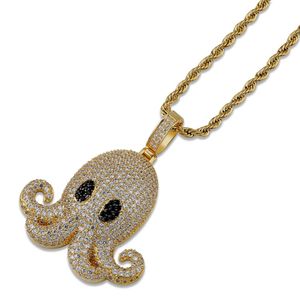 Micro Pave Zircon Animal Iced Out Bläckfisk Hängsmycke Halsband med repkedja Män Kvinnor Hip Hop Smycken