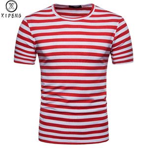 O-Neck-Baumwoll-T-Stück 2020 Frühling Sommer Neue Casual Kurzarm T-Shirt Männer Marke Kleidung Rot Weiß Gestreiftes T-Shirt Homme S-XXL