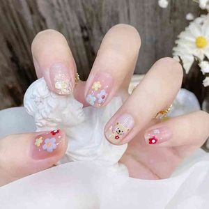 False Nails 24pcs/box Lovely Cute Flower Fairy Style Fake Nails Full Cover Long with Glue Presson Packaging Wearable 220225