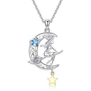 Ny 925 Sterling Silver Beautiful Witch Pendant Chain Zircon Moon Star Halsband för kvinnor Mode Halloween Smycken Gratis Ship Q0531