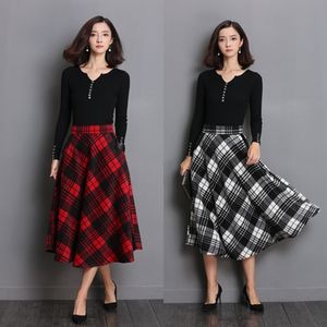 Neophil England Stil Röd Plaid Hög midja Midi Kjolar Woolen Plus Storlek 3xl En linje Pläterad Vinter Kvinnor Tartan Kjolar S1735 201111