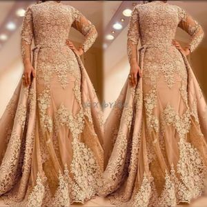 Elegant champagne sjöjungfrun spets kväll klänningar applikationer långärmade muslimska islamiska prom party klänning med avtagbart tåg 2021 Vestidos