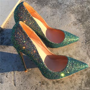 Hot Sale-Novo estilo de lantejoulas verdes mágicas, finas com sapatos pontiagudos, sapatos femininos sensuais da moda, personalizados de 33 a 45 jardas.