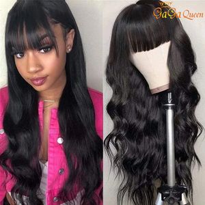 Body Wave Peruki z Bang Pełna maszyna Made Wig Body Wave Peruki Peruwiański Ciało Fala Ludzkich Włosów Peruki z grzywką