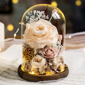 Decorative Flowers Eternal Flower Handmade Preserved Real Rose Glass Cover Holder Immortal Flowers Valentines Day Birthday Gifts Wedding Supplies