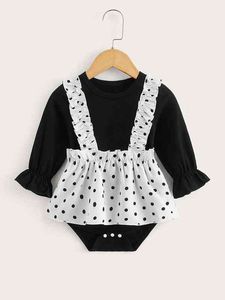 Baby Polka Dot Print Flounce Sleeve Frill Trim Combo Bodysuit Dress SHE