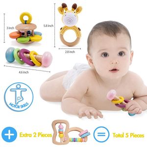 5PCS Organic Safe Wooden Toys Baby Montessori Toddler Toy Grip DIY Crochet Rattle Soother Bracelet Teether Toy Set Baby Product LJ201113