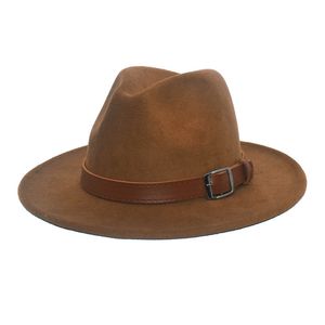 Fedora Hat with Belt Gentle Man Woman Felt Hat Autumn Wide Brim Grey Medium Width Gorra Hombre Winter Fashion Y0910