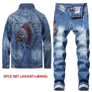 Mode Slim Tracksuits Indian Embroidery Men's 2st Jeans Set Spring Denim Jacket och Ripped Stretch Pants Autumn Men Clothing