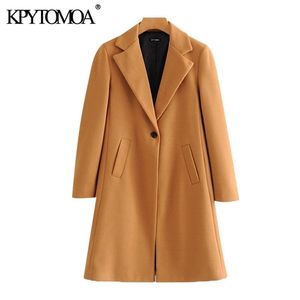 KPYTOMOA 여성 패션 단일 버튼 모직 코트 빈티지 긴 소매 사이드 포켓 ​​여성 겉옷 세련된 Overcoat 201210