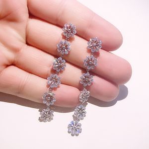 Top Quailty Bridal Wedding Rhinestone Earrings Sterling Silver Needle Long Flowers Crystals Drop Earrings Women Shiny Jewelry Accessories