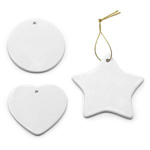 Blank vit sublimering keramik hängande kreativa julprydnader värmeöverföring utskrift DIY keramisk prydnad hjärta rund jul dekor