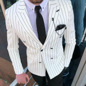 Latest Design Double-Breasted White Strips Wedding Men Suits Peak Lapel Two Pieces Business Groom Tuxedos (Jacket+Pants+Tie) W1293