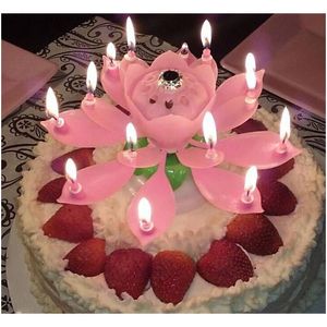 Müzikal doğum günü mum doğum günü pastası topper dekorasyon sihirli lotus çiçek mum çiçek döner