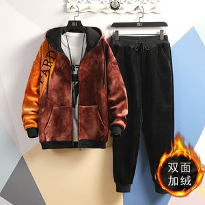 Erkek Pleuche Nakış Hoodied Tişörtü Eşofman Erkekler Rahat Kalınlaşmış Çift Kadife İki Adet Set Hoodies + Pantolon Boyutu 3XL 201109