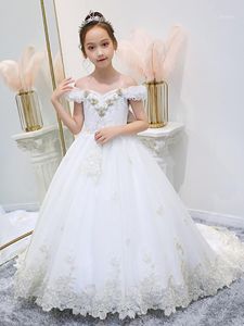 Abito da Prima Comunione Bianco per Ragazze Abito Gonfio Fiori 3D Al Largo Della Spalla Flower Girl Party Abbigliamento per Bambini Immagine Reale