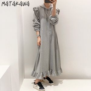 Matakawa Stitching Ruffled Solta Vestido Mulheres Outono e Inverno Retro Retro Com Capuz Robe Manga Longa Sweateshirt Maxi Vestido 20116