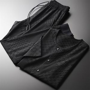 Minglu Summer Mens Sets (T-shirt + byxor) Lyxig Garn-färgad Singelbröst Kortärmad Man Set Plus Storlek 4XL Slim Fit Mens Sets 201109