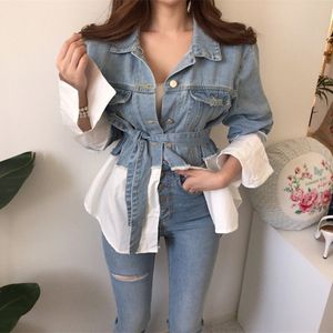 Outono moda retalhos elegantes mulheres denim jaqueta falsificada casaco de duas peças casaco feminino manga comprida jean jaqueta top com faixas 201027