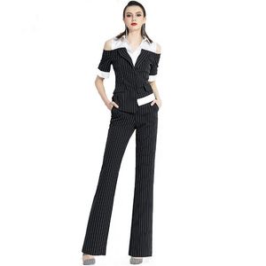 Kadın Pantsuit Yaz Siyah Çentikli 2 Parça Set Suits Broadcloth Bayanlar Ofis Blazer Takım Pantolon T200818