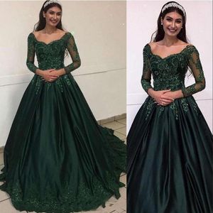 2021 Dark Green Prom Dresses Long Sleeves Beaded Lace Applique A Line Tulle Sweep Train Custom Made Evening Gown Formal Occasion Wear
