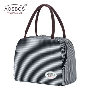 Aosbos paski izolowane torba na lunch przenośny płótno termalne piknikowe torby lunchowe chłodniejsze lunch box torba Tote dla kobiet mężczyźni dzieci C0125