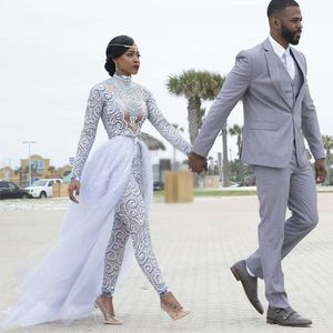 2024 vestido de casamento lindo macacões com trem destacável alta pescoço contas cristal mangas compridas modestos vestidos de casamento africano