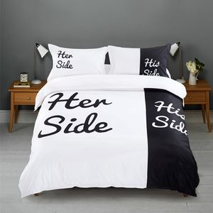 Simple Black + White Her Side His Side bedding sets Queen/King Size double bed Bed Linen Couples Duvet Cover Set LJ201015