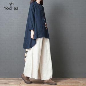 Plus size Women's sets Two pieces set Midi Shirt Tops + Loose Casual Wide Leg Pants women Long sleeve cotton Linen suits LJ201120