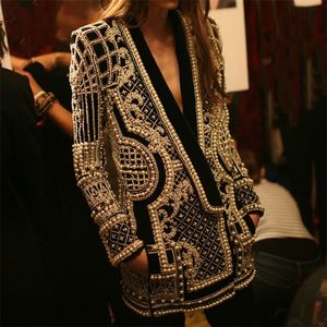 Kadın Palto Boncuklu Geometrik Sonbahar Kış Uzun Kollu V Yaka Vintage Bayanlar Dış Giyim Paltolar Retro Chic Kadın Mont 201029