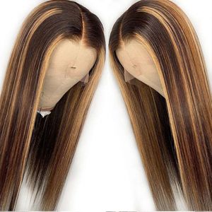 HD Transparente Lace Frontal Human Human Wig Ombre Destaque Brown Blonde Brasileiro Perucas de Cabelo Retas