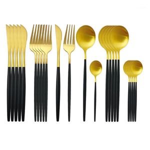 Flatware Sets 24pcs Black Gold Matte Dinnerware Cutlery Set Stainless Steel Tableware Home Knife Fork Spoon Dishwasher Safe1