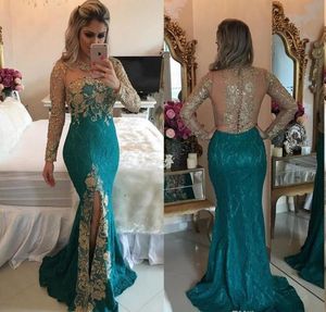 Turkusowa Syrenka Prom Dresses z długim rękawem Arabski styl iluzja Back Sparkly Zroszony Aplikacja Front Split Sheer Evening Party Suknie