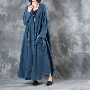 Feminino novo outono e inverno vintage solto plus size outerwear longo design expansão fundo retro denim trench 201102