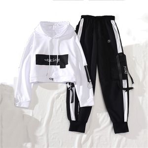 Primavera outono feminino streetwear calças de carga solta cintura alta corredores mulheres 2 peça manga longa topo com calças casuais 220104
